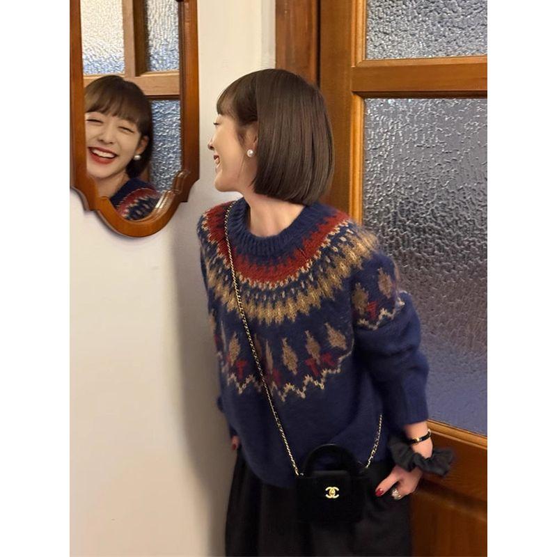 

Retro Fairland Knitting Mohair Brocade Sweater Women s Autumn and Winter Christmas Korean Wear Loose Lazy Top Navy M