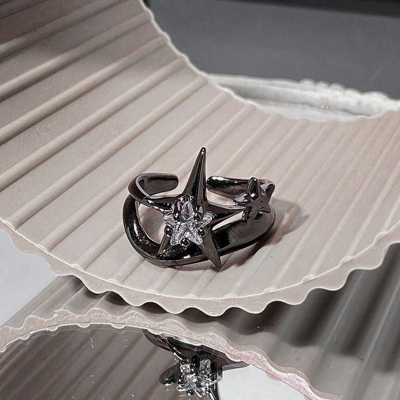 Punk Gothic Inlaid Zircon Star Black Open Ring Neutral Retro Creative Irregular Daily Party Jewelry Gift