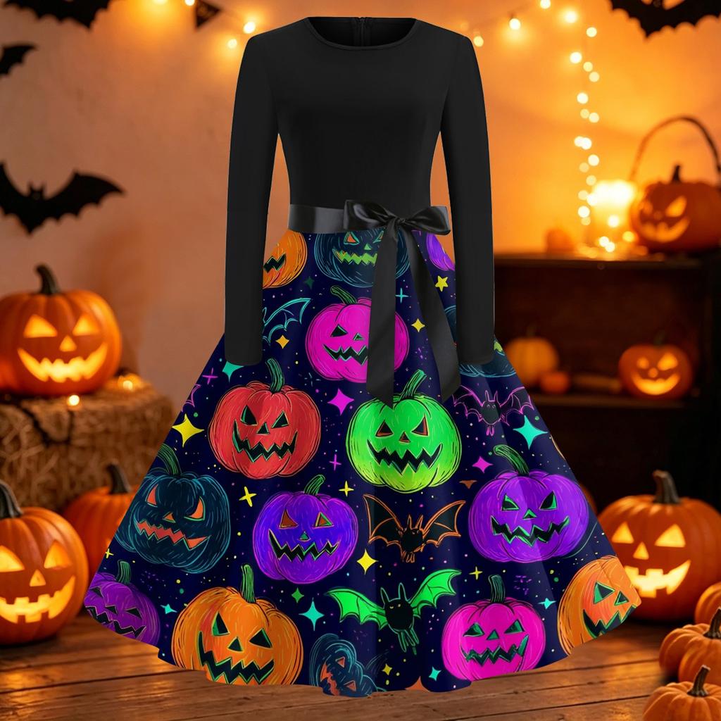 Womens Casual Long Sleeve Dress Halloween Print Round Neck Fit and Flare Midi Dress with Waist Tie and Full Skirt