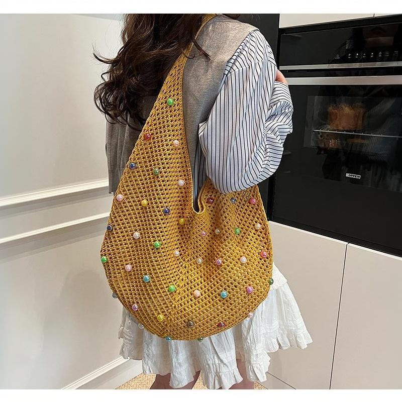 Hollow Out Single Shoulder Knitted Beach Bag Women's Colorful Large Capacity Tote for Seaside Holiday Pool Parties