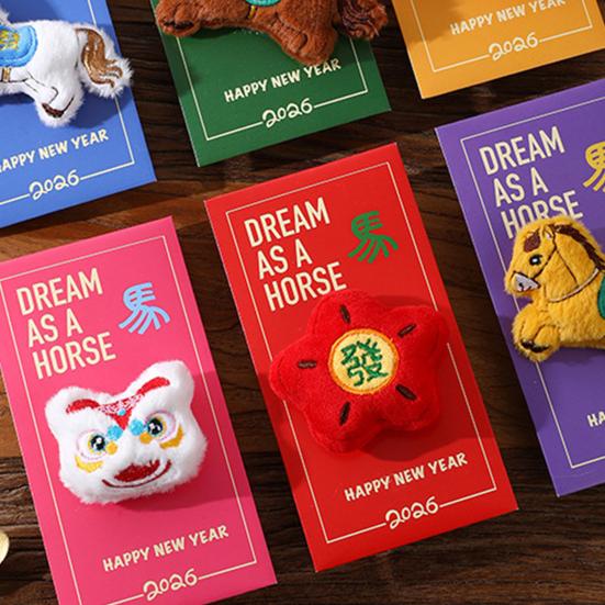 6Pcs Red Envelopes 3D Embroidery Plush Pendant Zodiac Horse Design Matte Cardboard Red Envelope 2026 New Year Gift