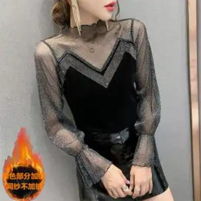 New Mesh Women's Spring and Autumn Spliced Half High Collar Lace Rhinestone Fashion Slim Fit Versatile Sexy Long Sleeve Top