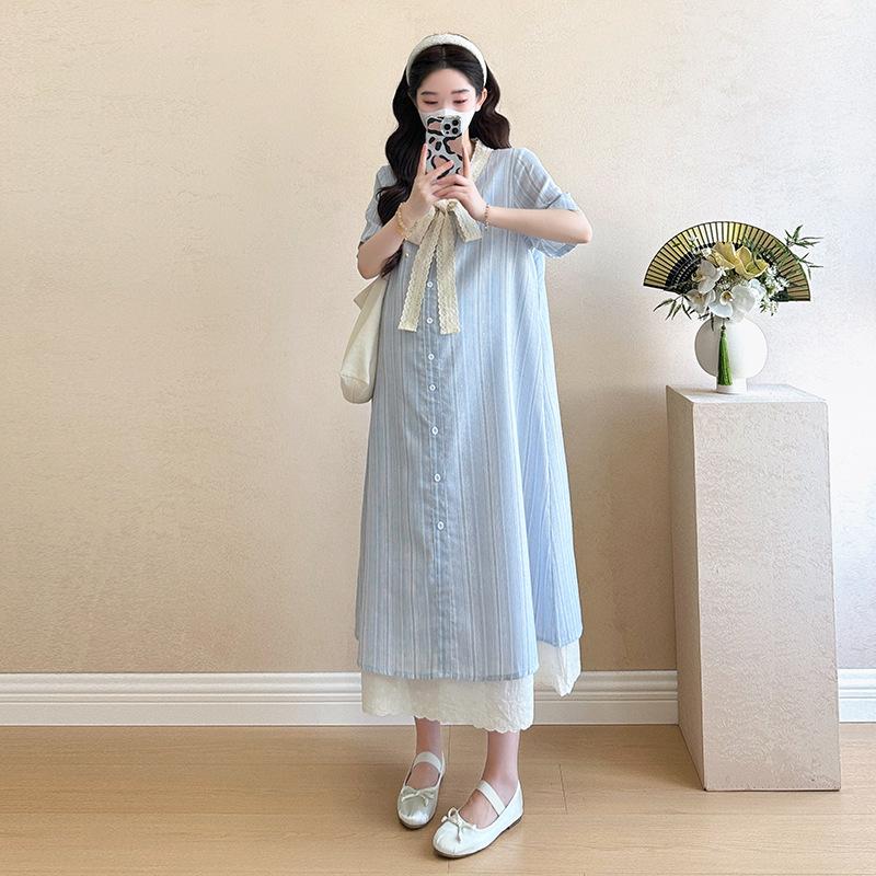 Summer 2026 Maternity Dress: Single-Breasted Lace Bow Two-Piece Style Large