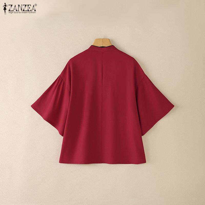 ZANZEA Women Stand Collar Casual Embroidery Loose Short Sleeve Blouse