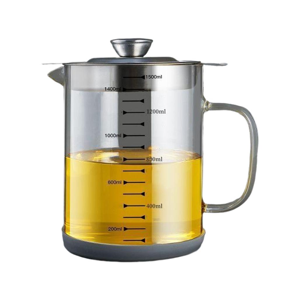 1000/1500ML Glass Oil Filter Pot with Lid - Easy-Grip Handle Kitchen Grease and Fat Separator For Cooking Oil Storage