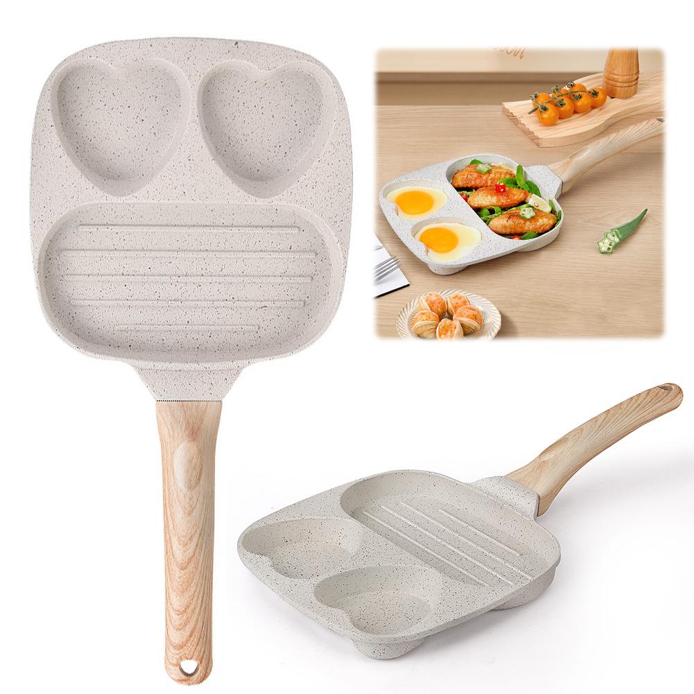3-cup Egg Frying Pan for Breakfast Heart Shaped Non Stick Easy Clean Pancake Pan with Heat-Resistant Wooden Handle for All Stove