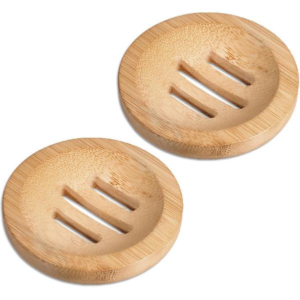 Bamboo Soap Dish, 2 Pcs Round Wooden Soap Holder Natural Wood Soap Tray Self Draining Soap Dish for Bathroom Shower Kitchen Sink