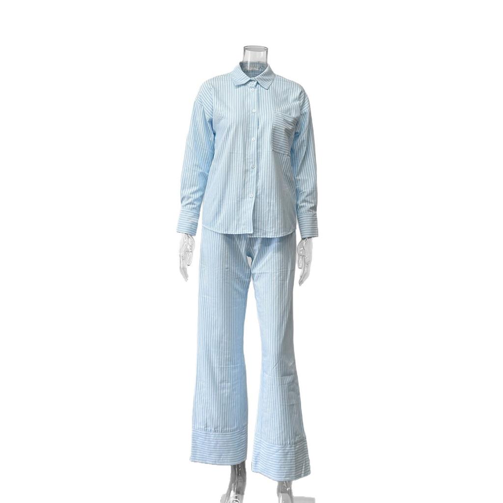Autumn New European and American Women's Clothing Casual Loose Homewear Women's Striped Shirt Wide-leg Trousers Two-piece Set