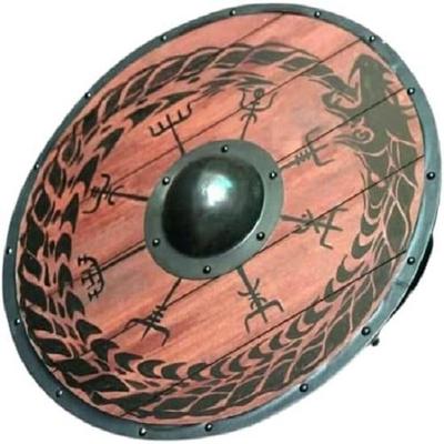 24 Inches Wooden Viking Shield Handcrafted Battle Ready Shield ~ Dragon Design Norse Compass Brown
