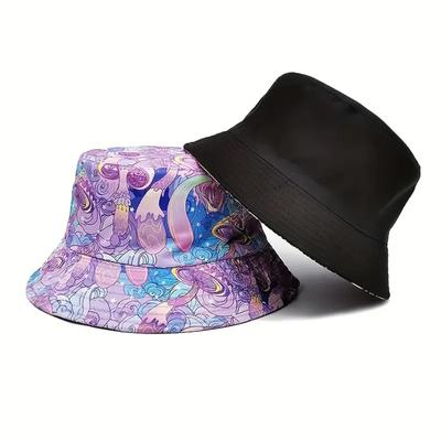 Doppelseitiger lila Eimerhut mit Pilzdruck, UV-Schutz für Sommer, Reisen, Strand, Wandern, Lässiger Unisex