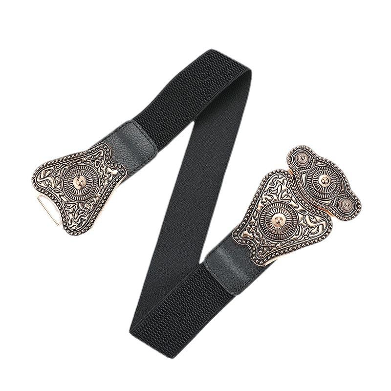 Court Literary And Artistic Retro Engraved Buckle Pin Buckle Women'S Elastic Elastic Braided Wide Waist Seal Belt Women
