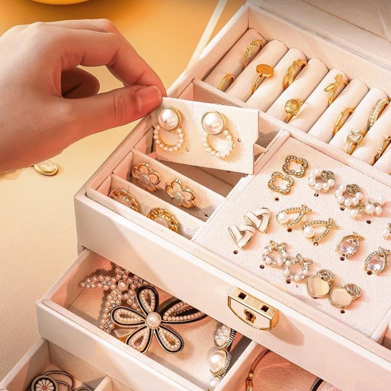 Luxury Three-Layer Jewelry Storage Box Vintage Flip PU Case High-End Ring Earring Necklace Organizer with Removable Dividers