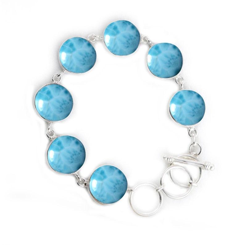 Natural Larimar Round Gemstone 925 Sterling Silver tennis Bracelet Handmade Designer Engagement Gift Wedding Gift Boho Jewelry