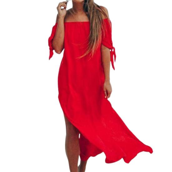 Irregular Cover-Up Dress Boat Neck Side Split Mid-calf Length Swimwear Dress for Beach