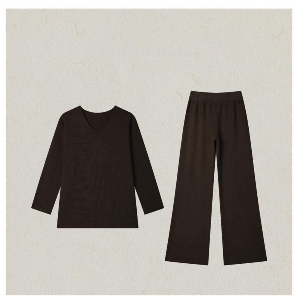 Autumn/Winter Retro V-neck Knit Set: Casual Top & Drapey Wide-Leg Pants Two-Piece