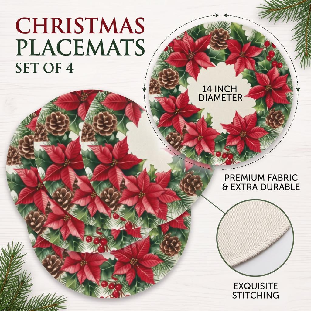 Set von 4 runden Weihnachtsplatzdeckchen, bedruckte Thermo-Tischsets für die Dekoration des Esszimmers