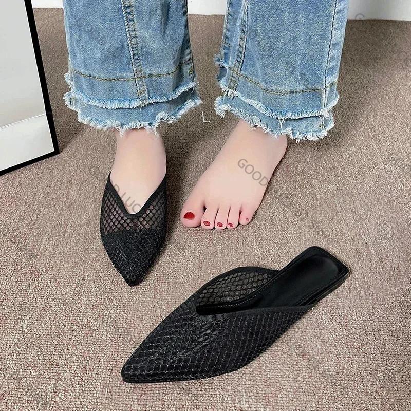 Fashion 2025 Hollow Mesh Flat Shoes Fashion Pointed Toe Half-pack Slippers New Summer Comfortable Square Heel Women's Shoes Large Size