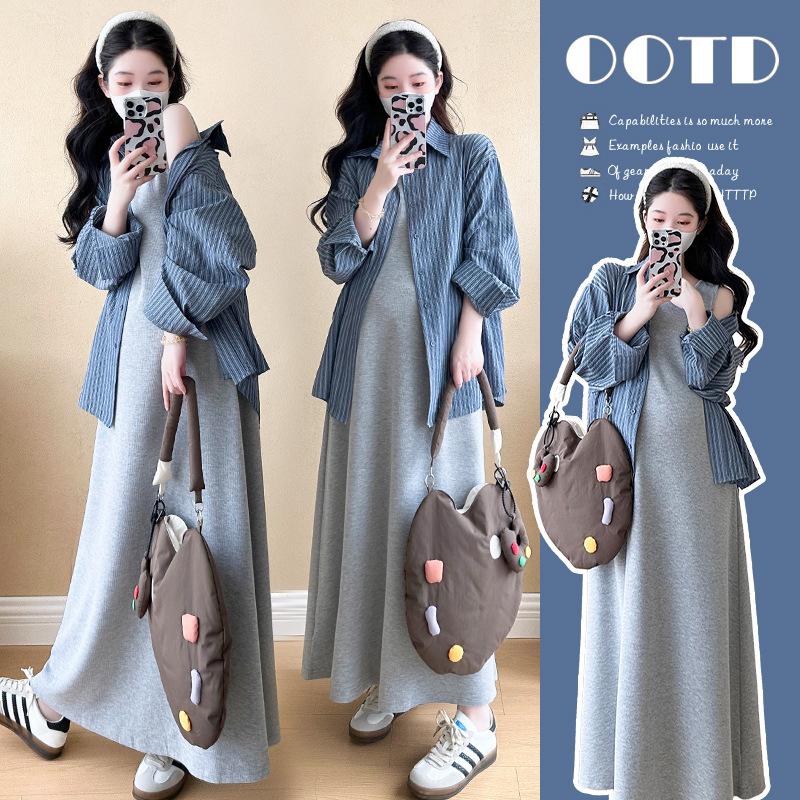 2026 Spring Maternity Korean-Style Loose Cotton Vest Dress & Striped Shirt Set L