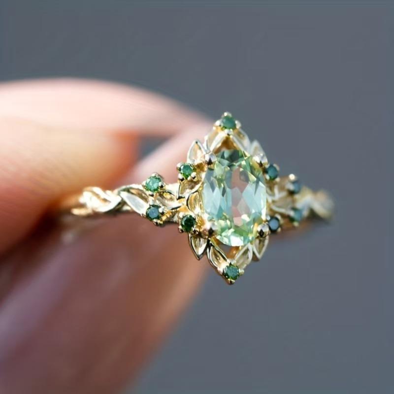 European and American new  flower shape green Zircon inlaid elegant light luxury women's ring