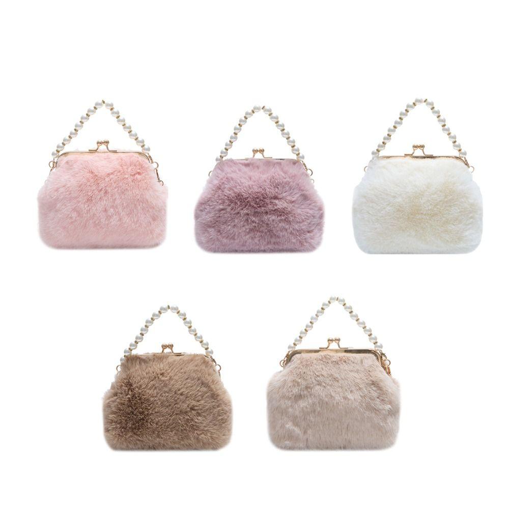 Trendy Pearl Evening Bag Kiss Lock Fluffy Faux Fur Handbag Cheongsam Accessories Single Shoulder Shell Crossbody Bag Wedding