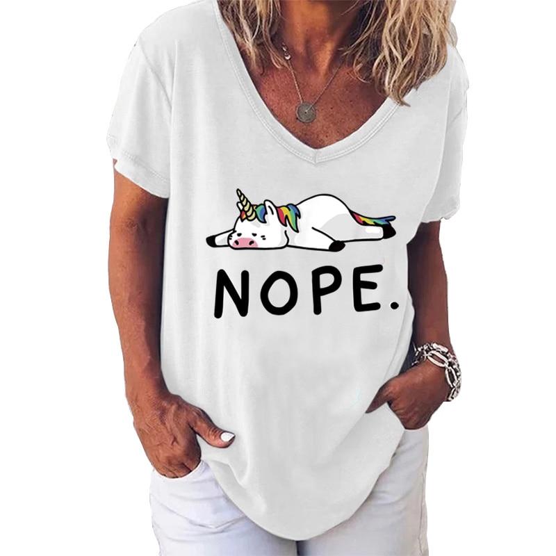 Fashion Spring Nope Print Blouses Short Sleeved V-Neck T Shirts Casual