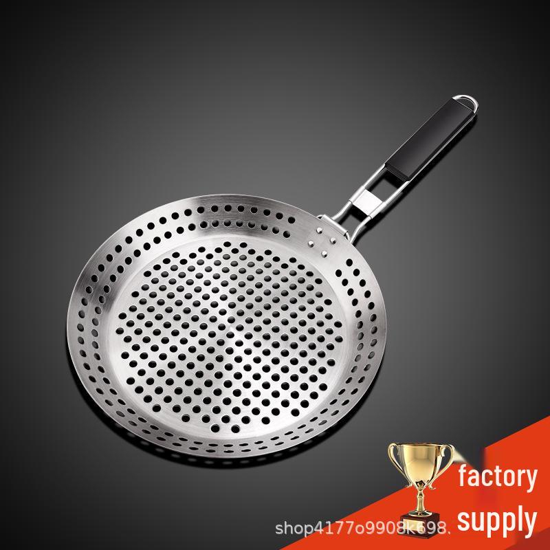 Round Hollow Wooden Handle BBQ Grill Pan for Outdoor Vegetables and Meat