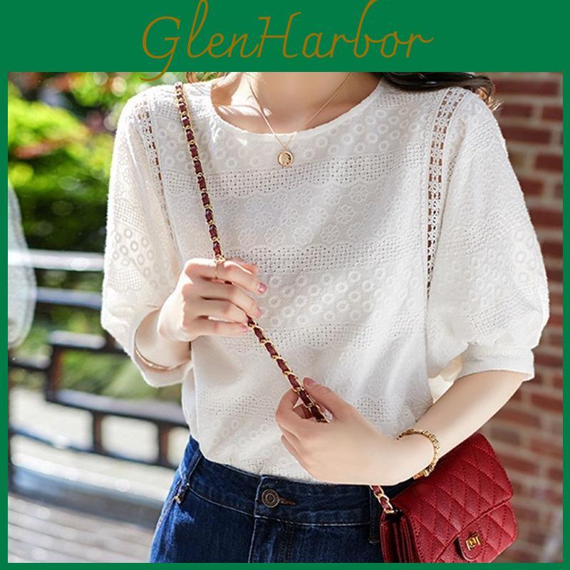 Summer Fashion Lantern Womens Sleeve Loose Shirts Embroidery Lace Oneck Casual Blouses Plus Size