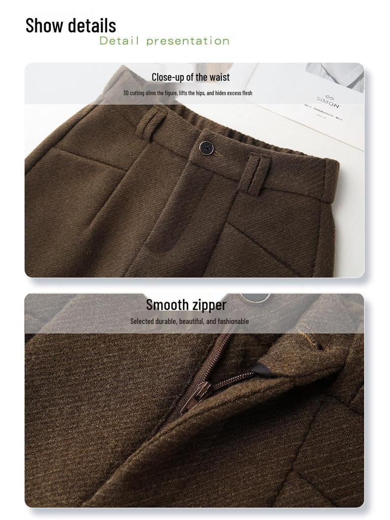 Women's Khaki Wool Trousers: 2024 Autumn/Winter Wide-Leg A-Line Bootcut Shorts