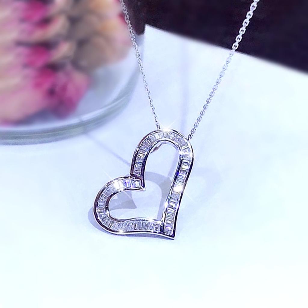 Baguette Cut Hollow Heart Pendant Necklace for Women