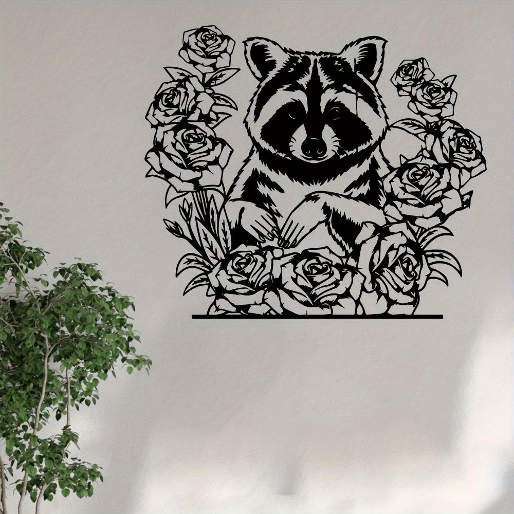 Rustproof Metal Wall Art Raccoon and Rose Sculpture Indoor Outdoor Decor Valentine Wedding Gift