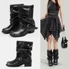 Super soft leather~ Western cowboy boots women's short boots pleated pile black retro niche thick heel inner heightening knight boots