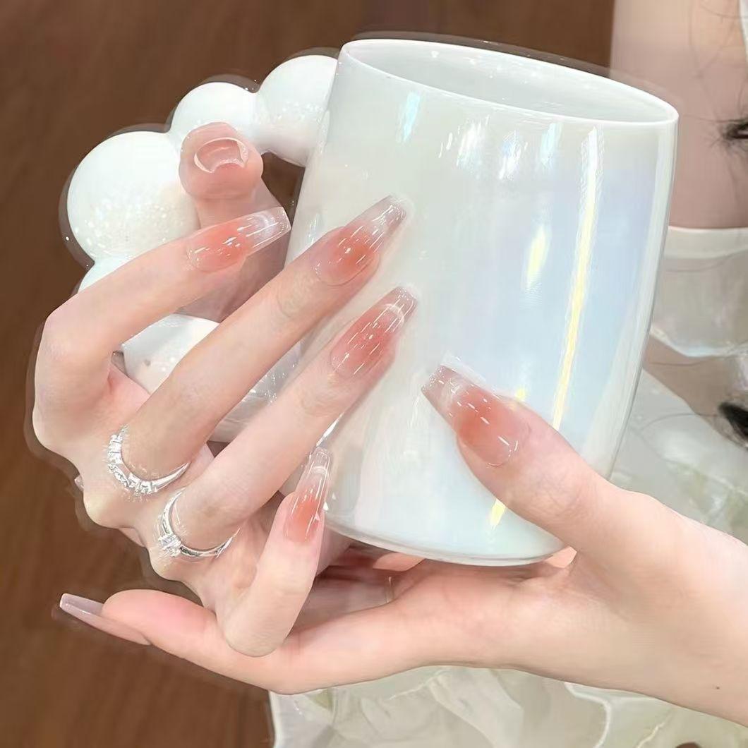 

2025 New Nail Wearable Nail Plate Short Style for Students High Quality Simple French Cat Eye Whitening High-end Sense