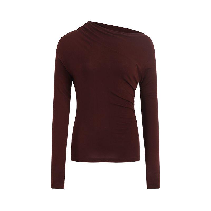

Non Restrain Advanced Sense Asymmetric off-Neck Base Top Women Slim fit Slimming Pleating Long sleeves Shirt Ankola Red In Stock S