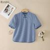 ZANZEA Women Casual Stand Collar Short Sleeve Grid Print Blouse