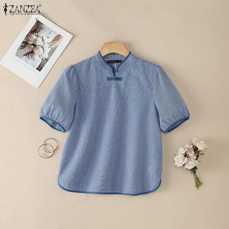 ZANZEA Women Casual Stand Collar Short Sleeve Grid Print Blouse