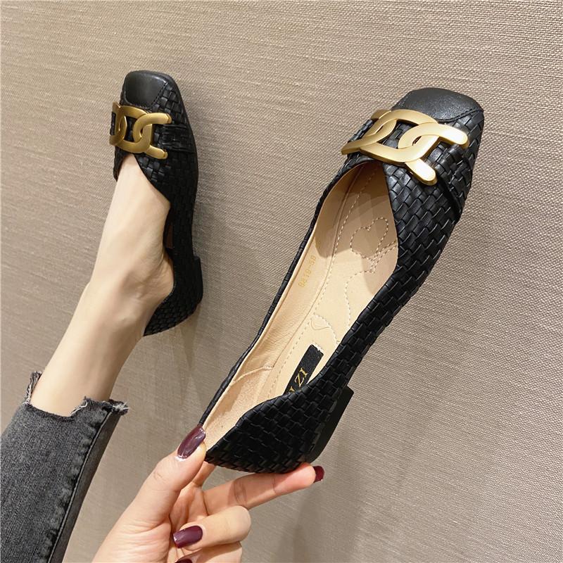 Fashion Women's Single Shoes 2025 New Shallow Metal Buckle Large Size Flat Shoes Square Toe Work Shoes Woven Pattern Shoes