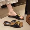 Fashion Fashion Square Toe Open Toe Slippers New Women's Metal Buckle Slip-on Soft Slip-proof Square Heel Roman Flip-flops