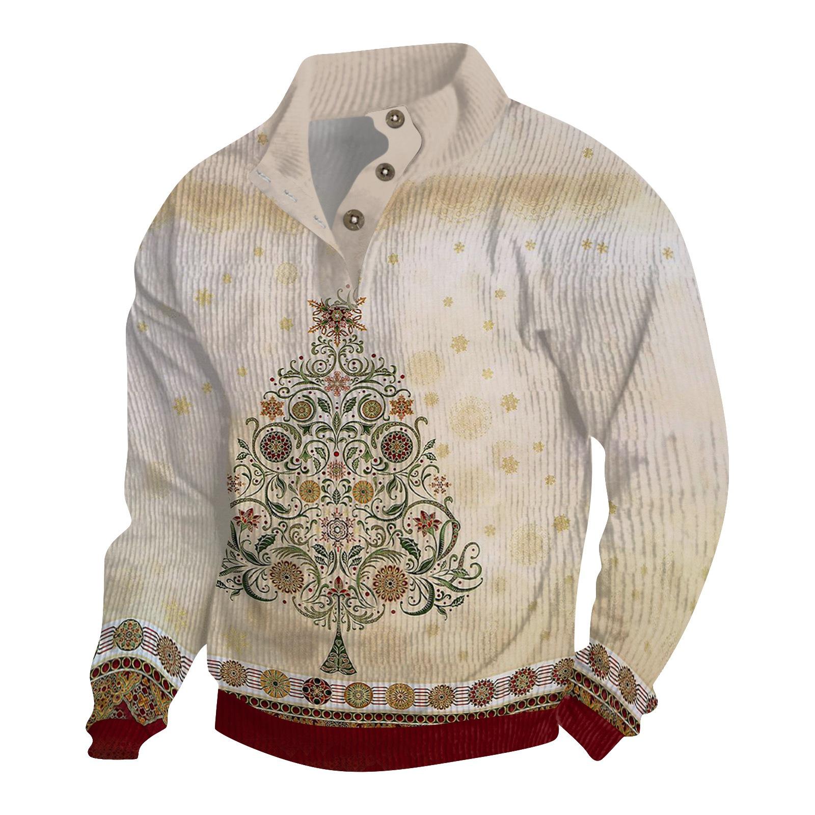 

Мужская рождественская хлопковая рубашка-пуловер с длинным рукавом для активного отдыха, винтажная вельветовая рубашка с воротником-стойкой и пуговицами, повседневная толстовка с рождественским принтом XXL