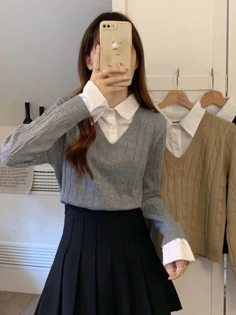 Women's Knitted Sweater Autumn Winter Shirt Collar Sweater Long Sleeved Top Fashion Clothing