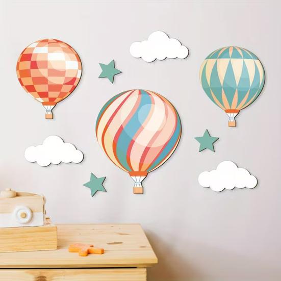 9 Pcs Hot Air Balloon Wall Decor with Clouds Stars Boho Wooden Nursery Wall Art Sign for Living Room Kids Bedroom Hallway Playroom Classroom