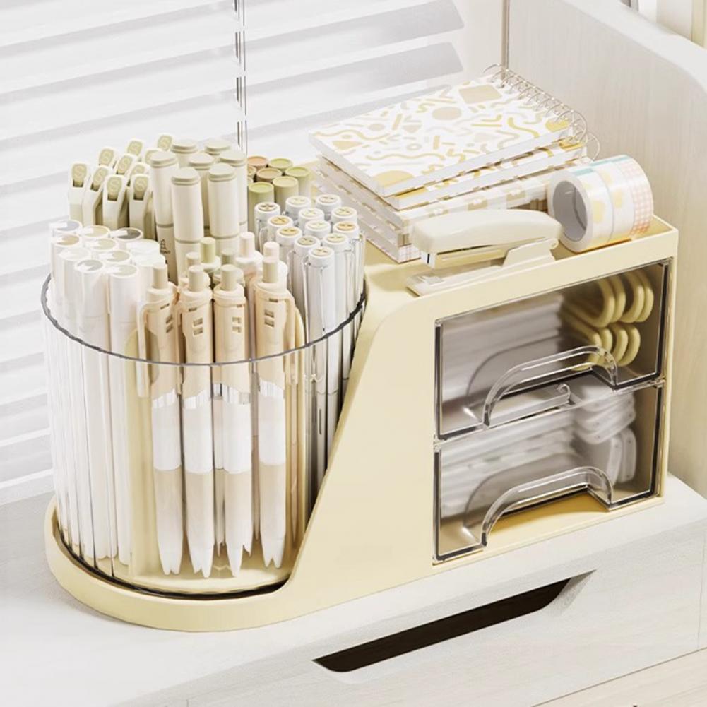 Storage Rack Swivel Pencil Holder 360 Degree Rotating Desk Organizer with 4 Compartments Drawers Plastic Stationery Organizer
