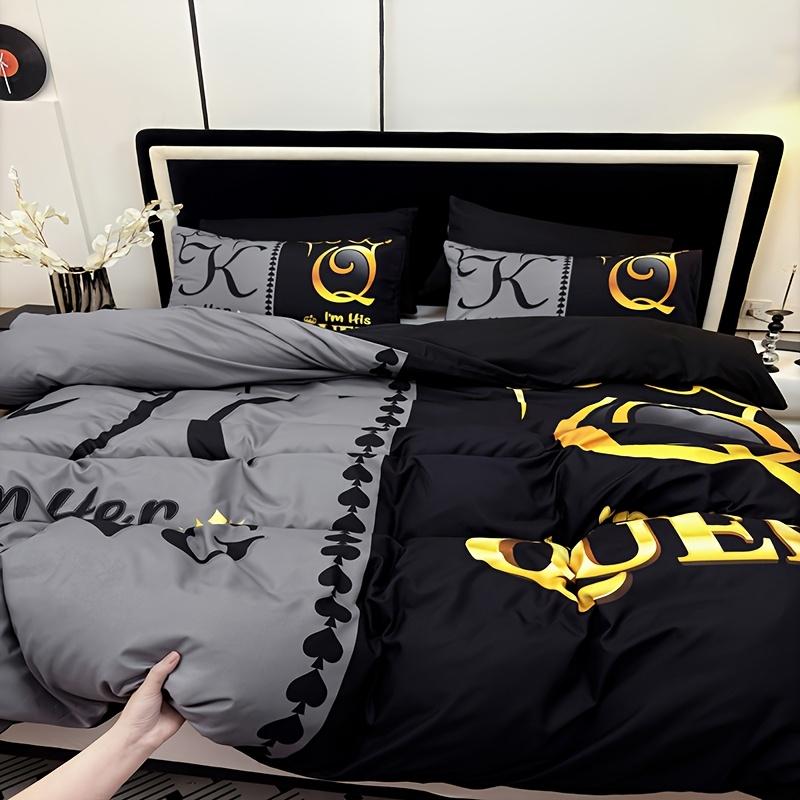 Super Soft Breathable Black Grey Color Blocking Crown Letter Duvet Cover Set At Home High Definition Printing Queen King Size