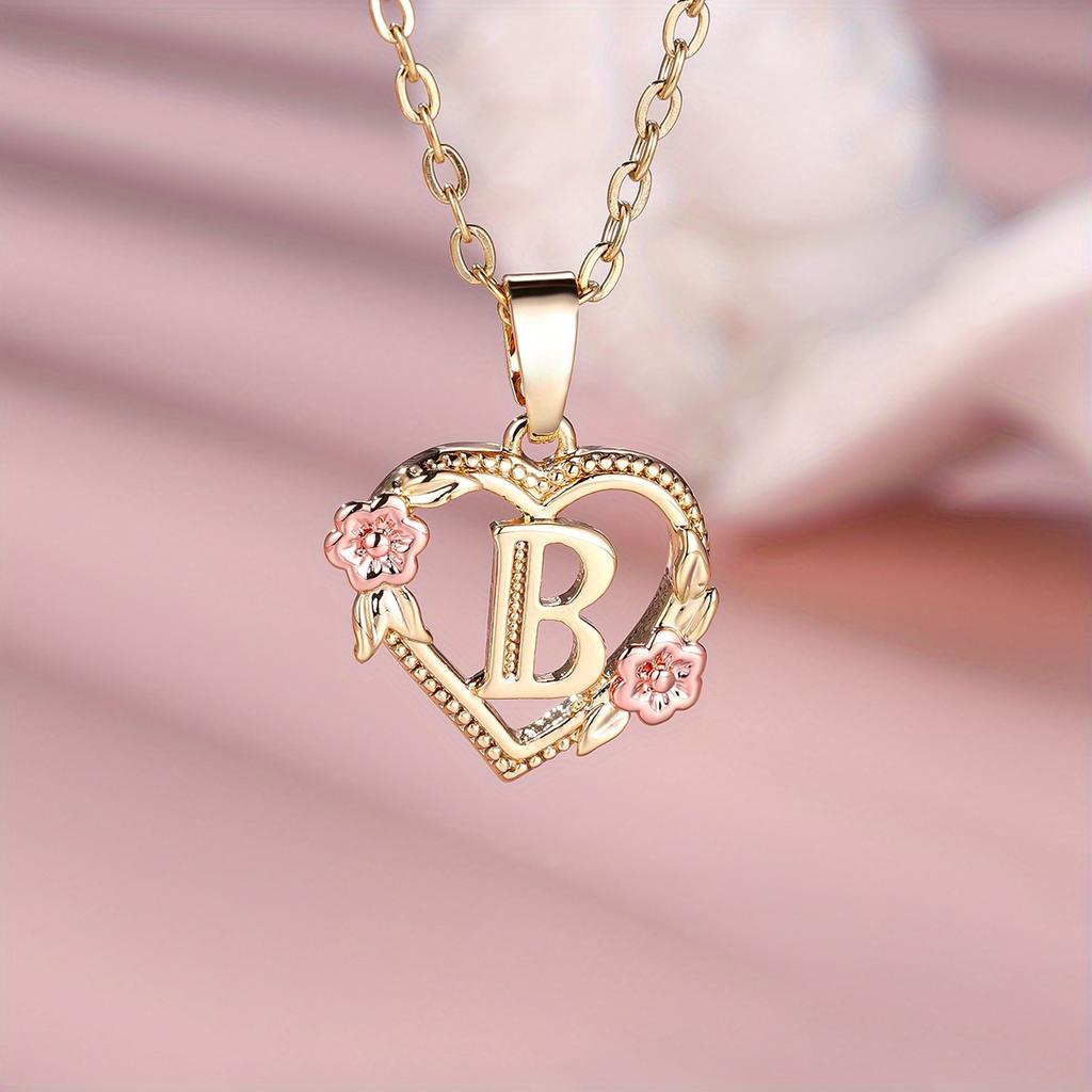 1 Pc Golden Color 26 English Letter Heart Necklace Rose Flower Pendant Wedding Band Jewelry Valentine's Day Gift