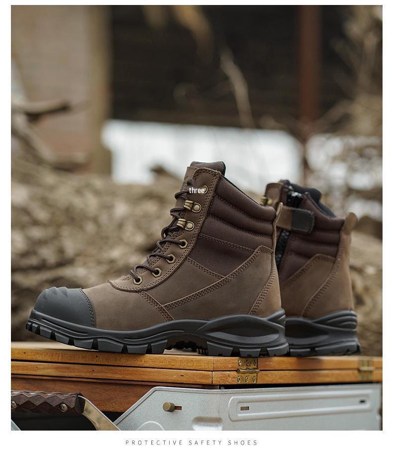 Men's High-Top Wheat Safety Shoes: European Standard, Anti-Smash, Anti-Pierce, Wear-Resistant, Durable Leather with Zipper Style.