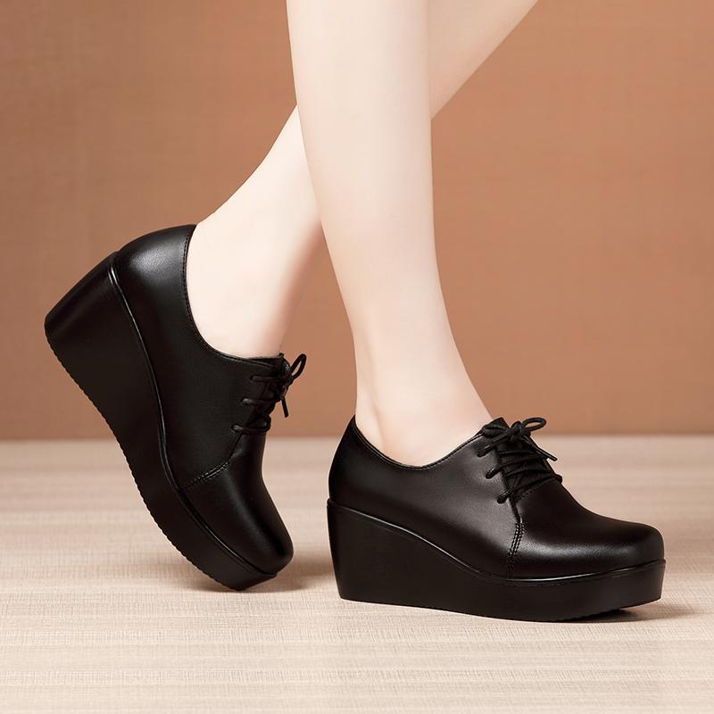 Fashion GKTINOO 2025 Wedges Women Shoe Spring Autumn Lace-Up High Heels Round Toe Leather Casual Ladies Platform Shoes Woman Size 33-43