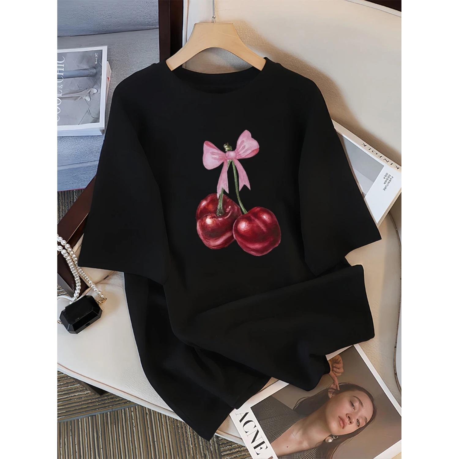 

Женские футболки с принтом красной вишни и розовым бантом, модные, дышащие, с коротким рукавом, из прохладного хлопка, уличная одежда, повседневная футболка с круглым вырезом S