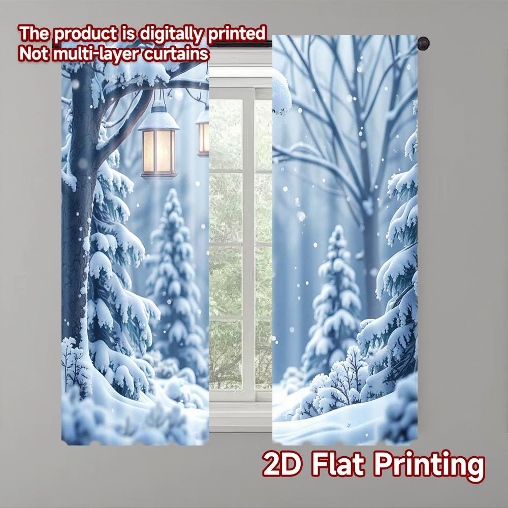 

Flat Printing Christmas Window Drapes Forest Scene Fabric Without Electricity Family Party Curtain Set Of 2 Made Polyester Washable W100*H70(CM)-Hooks&1PCS