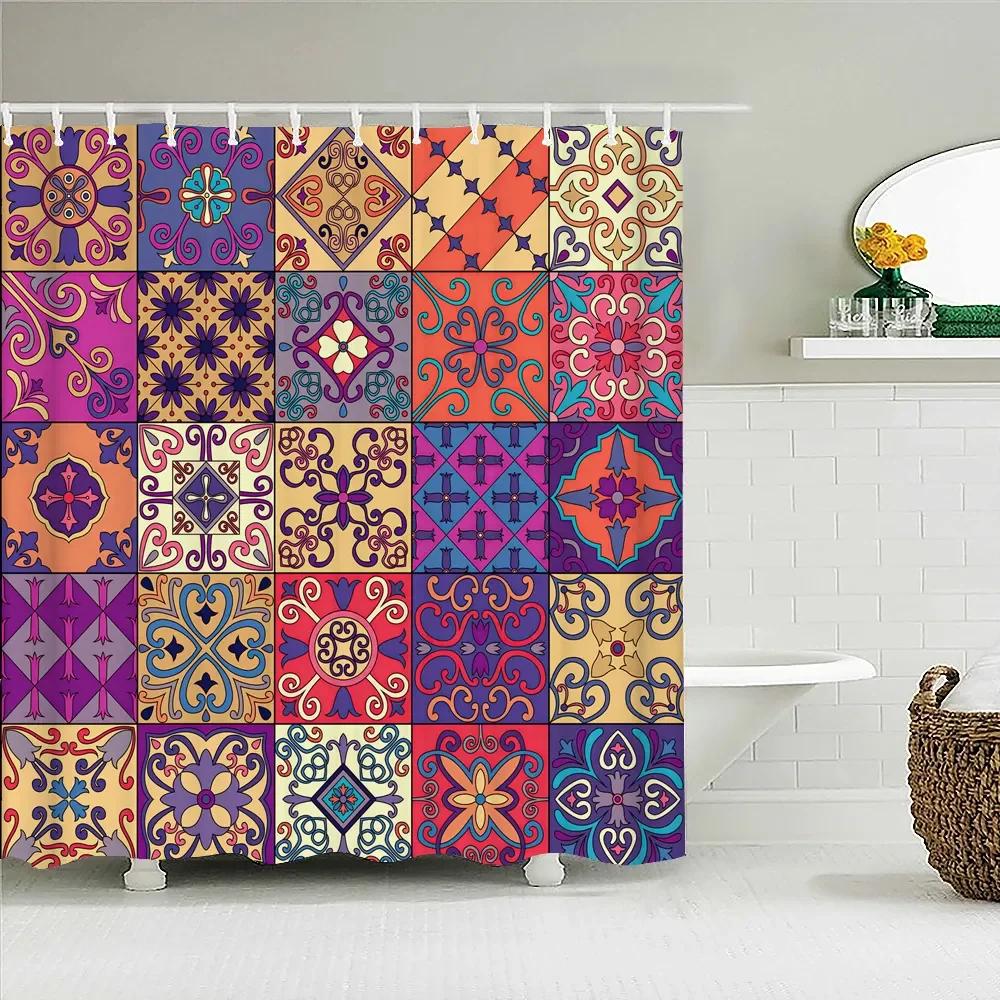 Bohemian 3D Shower Curtain, Indian Mandala Flower Green Blue Chic Color Modern Pattern Bathroom Fabric Home Decor Shower Curtain