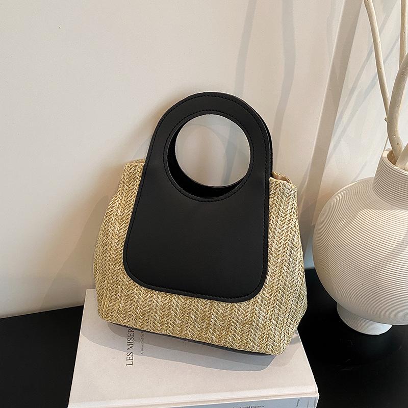 

Ретро контрастная цветная вставка соломенная плетеная сумка дизайн с чувством нишевая красота простая мода ручная сумка женская сумка чёрный