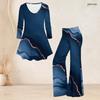 Women Plus Size V Neck Three Quarter Sleeve Printed Blue Flared Top And Flared Pants Two Piece Set